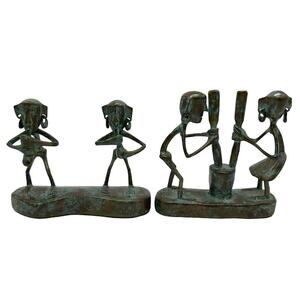 Maitland-Smith Bronze Verdigris Tribal Musicians Well Workers Sculpture Pair